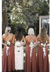Audrey | Fashion Sheath Backless Dusty Rose Chiffon Maxi Bridesmaid Dress with Slit and Straps Back Criss - Cross - Price #price_variant_lowest# - Dusty Rose - PromDressClub